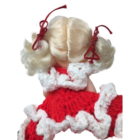 Cute Topper Doll in Hand Crocheted Red Dress White Ruffles Blonde w Cherub Face - Picture 5 of 7